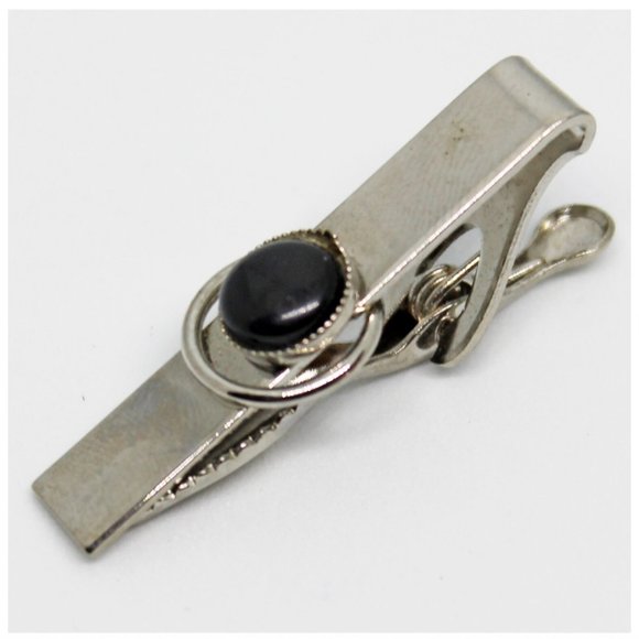 Vintage Silver & Black Circle Cabachon Rectangle Tie Clip VTG Father's Day Gift - Picture 7 of 9